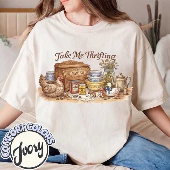 Take Me Thrifting PNG Shirt Design, Vintage Thrift Store Illustration, Cozy Grandma Core Cottagecore Aesthetic Digital Download Sublimation