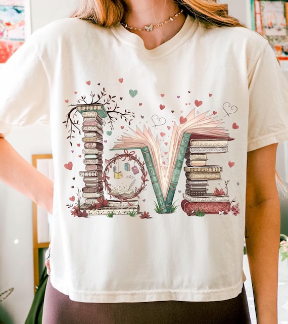 Book Lover Love PNG Shirt Design, Romantic Stacked Books Love Word with Hearts Flowers, Cozy Reading Aesthetic, Bookworm Gift for Readers