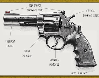 Revolver Diagram Art Print – Funny Tactical Anatomy, Man Cave Decor