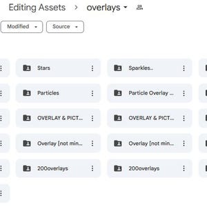 K&ouml;nnte beinhalten: Screenshot einer Google Drive-Oberfl&auml;che, die einen Ordner mit dem Titel "overlays" mit verschiedenen Unterordnern zeigt. Die Unterordner enthalten Namen wie "Streaks", "Stars", "Sparkles" und "Snowflakes". Die Oberfl&auml;che zeigt auch Optionen zum Filtern und Sortieren von Dateien.