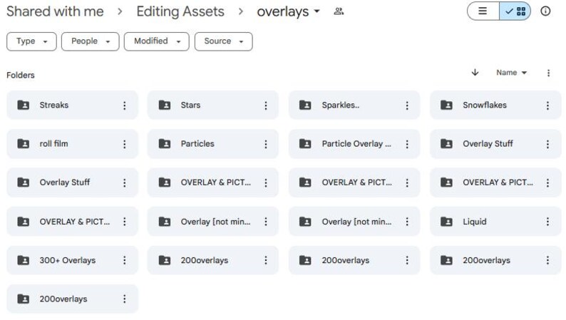 K&ouml;nnte beinhalten: Screenshot einer Google Drive-Oberfl&auml;che, die einen Ordner mit dem Titel "overlays" mit verschiedenen Unterordnern zeigt. Die Unterordner enthalten Namen wie "Streaks", "Stars", "Sparkles" und "Snowflakes". Die Oberfl&auml;che zeigt auch Optionen zum Filtern und Sortieren von Dateien.