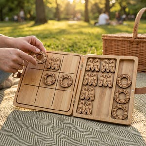 Puede incluir: Un juego de tic-tac-toe de madera con diseños florales y de letras. El juego está abierto, revelando la cuadrícula y el almacenamiento de las piezas. Las piezas se están colocando en la cuadrícula. Una cesta de picnic está en el fondo.