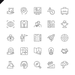 May include: A collection of black and white line art icons representing business and technology concepts. Icons include a puzzle piece, a brain with a clock, a briefcase, a target, a lightbulb, and a handshake.