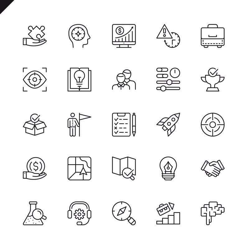 May include: A collection of black and white line art icons representing business and technology concepts. Icons include a puzzle piece, a brain with a clock, a briefcase, a target, a lightbulb, and a handshake.