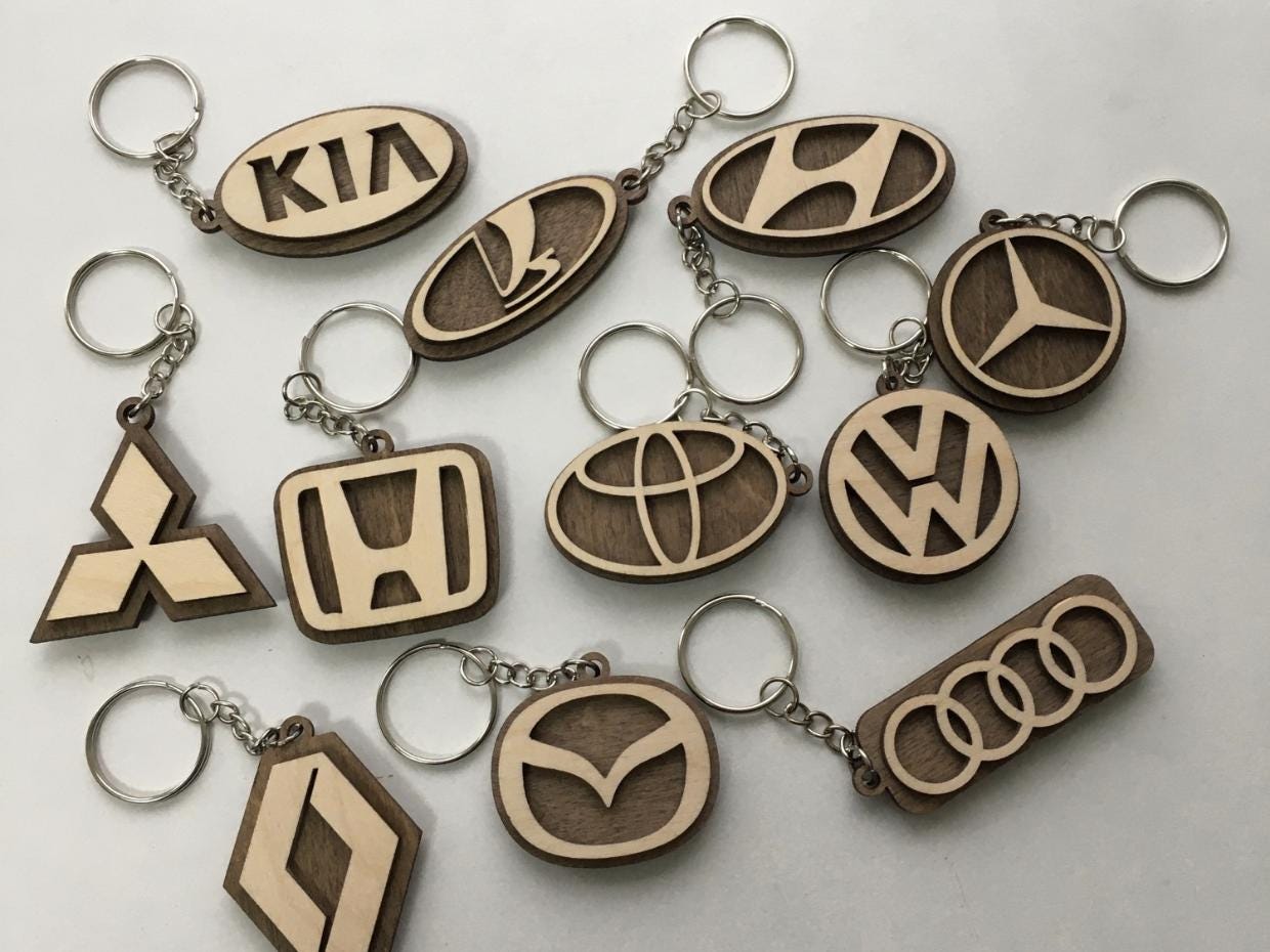 Laser Cut Wooden Car Logo Keychain Set: Auto Brand Keyrings