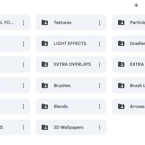 K&ouml;nnte beinhalten: Ein Screenshot einer Dateiverwaltungsoberfl&auml;che, die verschiedene Ordner anzeigt. Ordner sind unter anderem "Thumbnails", "Textures", "Lights", "Light Effects", "Flares", "Extra Overlays", "Explosions", "Brushes", "Borders", "Blends", "Abstracts", "3D Wallpapers", "Brush Lights" und "Arrows".
