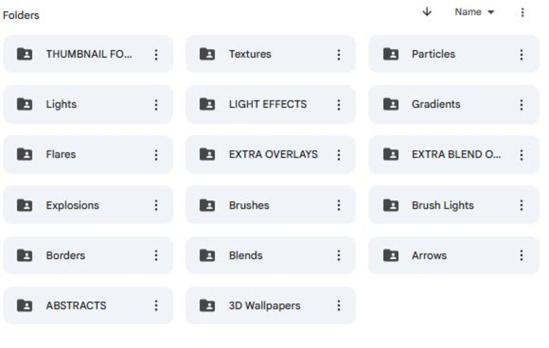 K&ouml;nnte beinhalten: Ein Screenshot einer Dateiverwaltungsoberfl&auml;che, die verschiedene Ordner anzeigt. Ordner sind unter anderem "Thumbnails", "Textures", "Lights", "Light Effects", "Flares", "Extra Overlays", "Explosions", "Brushes", "Borders", "Blends", "Abstracts", "3D Wallpapers", "Brush Lights" und "Arrows".
