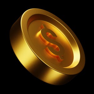 Op de afbeelding: Een gouden munt met een verhoogd dollarteken ($) in het midden. De munt heeft een glanzende, metallic afwerking tegen een zwarte achtergrond. De munt is schuin geplaatst, wat de dikte en de details van het ontwerp laat zien.
