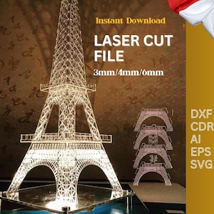 3 Eiffel Tower Laser Cut Files | 3D DXF SVG ai eps Templates for Wood & Acrylic | Eiffel Tower Cutting File for CNC, Glowforge