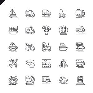 May include: A collection of 25 black and white line art icons depicting various modes of transportation. Includes a sailboat, truck, car, forklift, tanker truck, ship, ambulance, hot air balloon, train, and pickup truck.