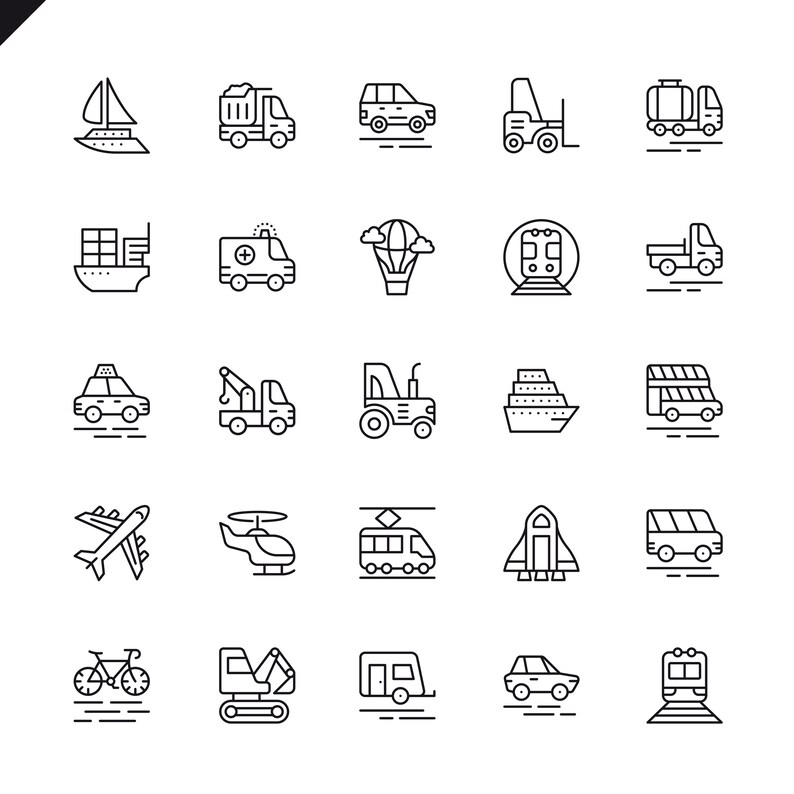 May include: A collection of 25 black and white line art icons depicting various modes of transportation. Includes a sailboat, truck, car, forklift, tanker truck, ship, ambulance, hot air balloon, train, and pickup truck.