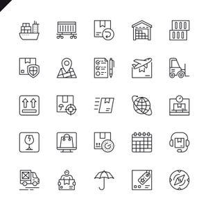 May include: A collection of black and white line art icons related to shipping and logistics. Icons include a ship, train car, boxes, warehouse, map, airplane, forklift, globe, and more. Perfect for e-commerce and business.