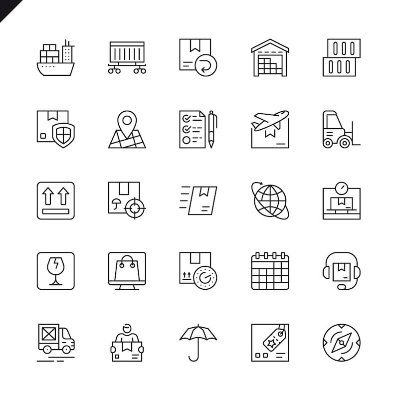 May include: A collection of black and white line art icons related to shipping and logistics. Icons include a ship, train car, boxes, warehouse, map, airplane, forklift, globe, and more. Perfect for e-commerce and business.