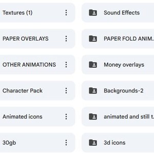 K&ouml;nnte beinhalten: Ein Raster aus wei&szlig;en rechteckigen Karten mit dunkelgrauem Text, die jeweils mit einer anderen Kategorie digitaler Assets beschriftet sind. Zu den Kategorien geh&ouml;ren "Thumbnail assets", "Textures (1)", "Sound Effects" und "Secret method". Weitere Kategorien sind "PNGs", "Paper Overlays" und "Overlay Shapes".
