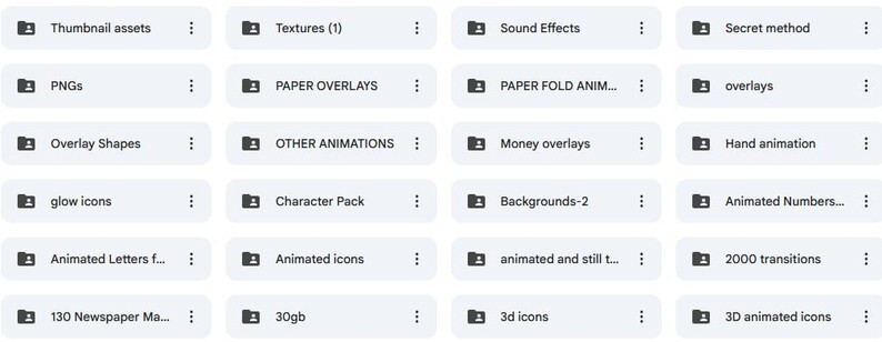K&ouml;nnte beinhalten: Ein Raster aus wei&szlig;en rechteckigen Karten mit dunkelgrauem Text, die jeweils mit einer anderen Kategorie digitaler Assets beschriftet sind. Zu den Kategorien geh&ouml;ren "Thumbnail assets", "Textures (1)", "Sound Effects" und "Secret method". Weitere Kategorien sind "PNGs", "Paper Overlays" und "Overlay Shapes".