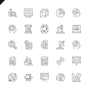 May include: A collection of black and white line art icons representing various scientific and educational concepts. Icons include a leaf with a magnifying glass, a computer screen with binary code, a cube with measurements, and a cross-section of the Earth.
