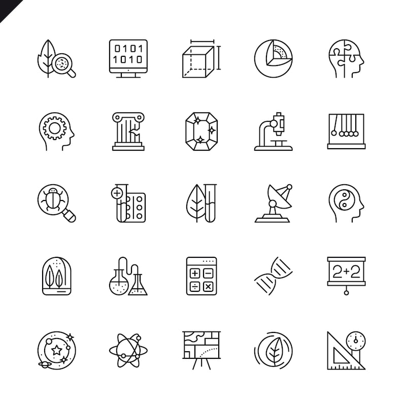 May include: A collection of black and white line art icons representing various scientific and educational concepts. Icons include a leaf with a magnifying glass, a computer screen with binary code, a cube with measurements, and a cross-section of the Earth.