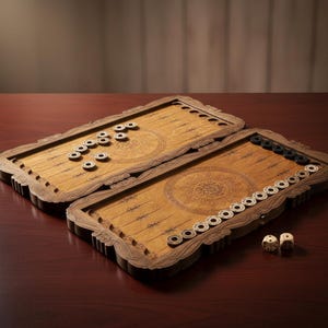 Peut inclure: Un jeu de backgammon en bois avec une bordure décorative et des détails sculptés. Le plateau de jeu est ouvert, affichant la surface de jeu avec des pions circulaires et des dés. L'ensemble est en bois brun clair.