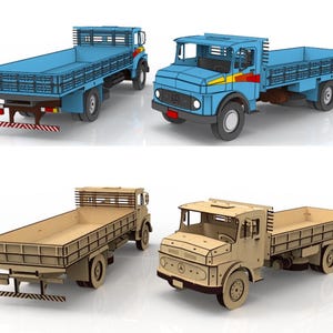 May include: Four toy trucks are displayed. Two are light blue, and two are made of light brown wood. The blue trucks have a yellow and red stripe on the cab. All trucks have a flatbed design and are suitable for children.