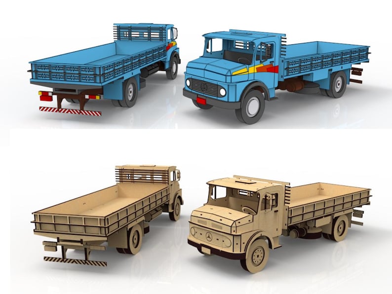 May include: Four toy trucks are displayed. Two are light blue, and two are made of light brown wood. The blue trucks have a yellow and red stripe on the cab. All trucks have a flatbed design and are suitable for children.