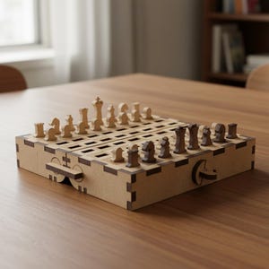 Puede incluir: Un juego de ajedrez de madera con piezas marrones claras y oscuras dispuestas sobre un tablero a juego. El tablero está doblado por la mitad y tiene un pestillo en el lateral. Las piezas de ajedrez están talladas intrincadamente.