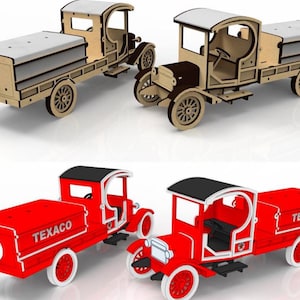 May include: Two wooden toy trucks, one in natural wood and the other in red with white accents. The red trucks have "TEXACO" branding. Both sets feature vintage-style designs with detailed wheels and cabs.