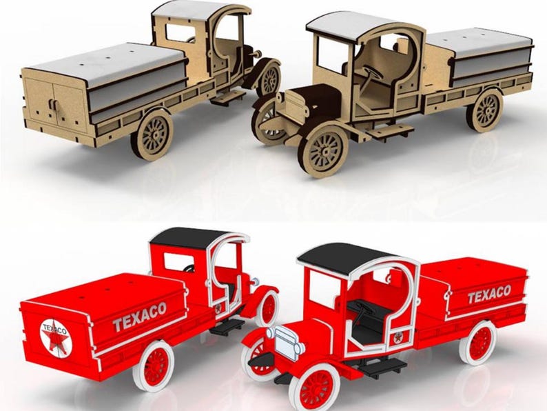 May include: Two wooden toy trucks, one in natural wood and the other in red with white accents. The red trucks have "TEXACO" branding. Both sets feature vintage-style designs with detailed wheels and cabs.