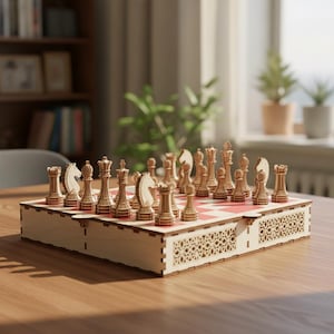 May include: A wooden chess set with intricately carved pieces arranged on a red and white checkered board. The chess pieces are a light brown color, and the board is set inside a decorative wooden box with a patterned design.