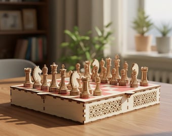 Wooden Chess Set Laser Cut Files | Board & Pieces CNC Patterns (3mm Plywood)