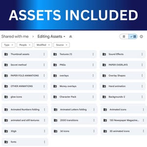 K&ouml;nnte beinhalten: Eine digitale Oberfl&auml;che mit Bearbeitungsressourcen. Der Text "ASSETS INCLUDED" steht oben. Kategorien sind "Thumbnail assets", "Textures (1)", "Sound Effects", "PNGs" und "Paper Overlays". Weitere Kategorien sind ebenfalls sichtbar.