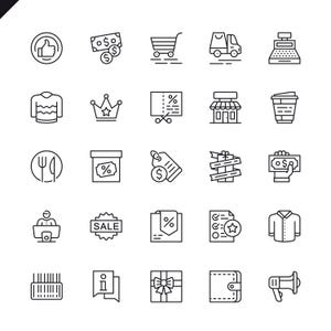May include: A collection of black and white line art icons representing various e-commerce and shopping-related symbols. Icons include a shopping cart, cash register, gift box, sale tag, and more.