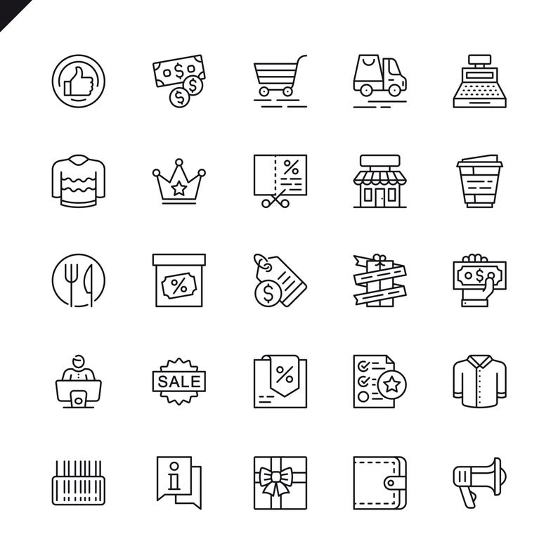 May include: A collection of black and white line art icons representing various e-commerce and shopping-related symbols. Icons include a shopping cart, cash register, gift box, sale tag, and more.