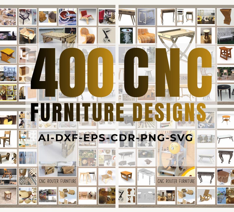 CNC furniture svg dxf ai cdr bundle, laser cut wood plans, router files chairs tables cabinets shelves woodworking designs diy 400+ files image 1