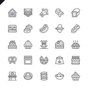 May include: A collection of black and white line art icons depicting various baked goods and food items. The icons include a gingerbread house, sandwich, gingerbread man, cookies, bread loaf, burger, donuts, hot dog, ice cream, and more.