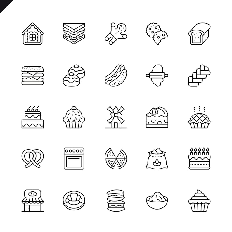 May include: A collection of black and white line art icons depicting various baked goods and food items. The icons include a gingerbread house, sandwich, gingerbread man, cookies, bread loaf, burger, donuts, hot dog, ice cream, and more.