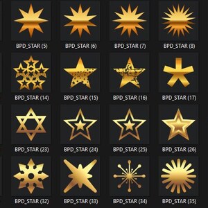 May include: A collection of gold star designs on a black background. The stars vary in shape, including five-pointed stars, starbursts, and geometric variations. Each design is labeled with "BPD_STAR" followed by a number.