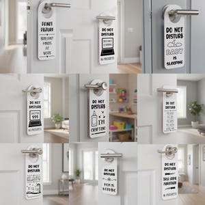 May include: White door hangers with various black text and graphics, including "Brilliant Minds at Work," "Distance Learning in Progress," and "Baby is Sleeping." Other designs include "Shopping $$$ in Progress," and "I'm Crafting."