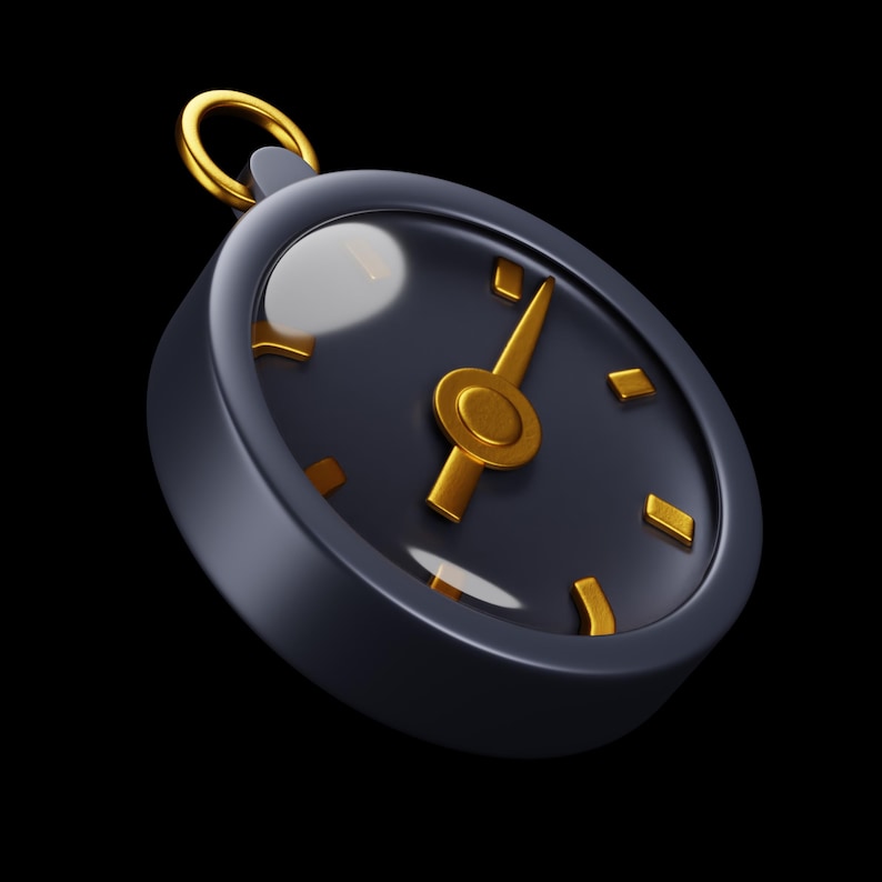 Op de afbeelding: Een donkergrijze zakhorloge met goudkleurige wijzers en markeringen. Het horloge heeft een gouden ring aan de bovenkant en een heldere glazen wijzerplaat. De achtergrond is zwart.