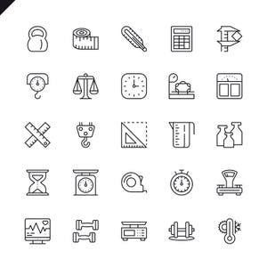May include: A collection of black and white line art icons representing various measurement tools and equipment. Includes a dumbbell, tape measure, thermometer, calculator, scale, clock, and more. Ideal for health, fitness, and science themes.