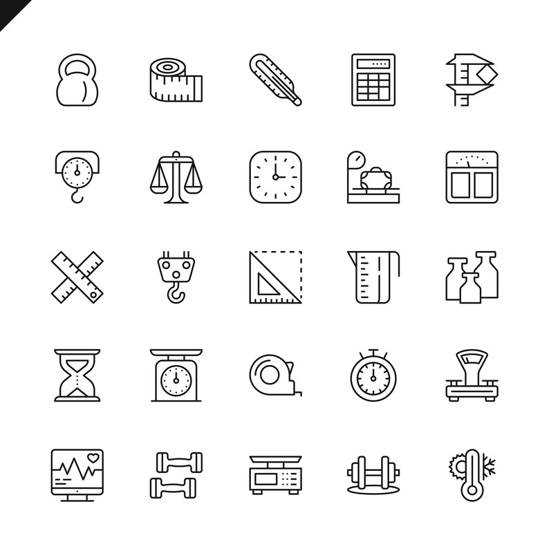 May include: A collection of black and white line art icons representing various measurement tools and equipment. Includes a dumbbell, tape measure, thermometer, calculator, scale, clock, and more. Ideal for health, fitness, and science themes.