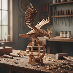 Puede incluir: Escultura de madera de un águila con las alas extendidas, posada sobre una estructura similar a un globo. El águila está tallada en madera clara, mostrando detalles de plumas. La escultura se encuentra sobre un banco de trabajo de madera con herramientas.