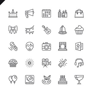 May include: A collection of black and white line art icons representing various celebratory and event-related symbols. Icons include a crown, megaphone, calendar, candles, gift bag, bow, guitar, bell, cupcake, microphone, camera, stage, and more.