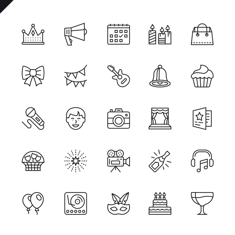 May include: A collection of black and white line art icons representing various celebratory and event-related symbols. Icons include a crown, megaphone, calendar, candles, gift bag, bow, guitar, bell, cupcake, microphone, camera, stage, and more.
