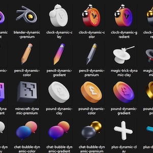 K&ouml;nnte beinhalten: Eine Sammlung von 3D-gerenderten Symbolen auf schwarzem Hintergrund. Zu den Symbolen geh&ouml;ren Uhren, Bleistifte, Computer, Scheren und W&auml;hrungssymbole. Jedes Symbol hat eine beschreibende Beschriftung darunter, wie "blender-dynamic-clay".