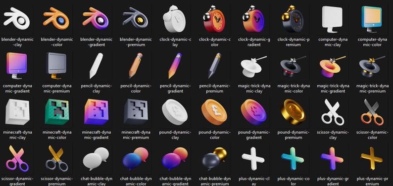 K&ouml;nnte beinhalten: Eine Sammlung von 3D-gerenderten Symbolen auf schwarzem Hintergrund. Zu den Symbolen geh&ouml;ren Uhren, Bleistifte, Computer, Scheren und W&auml;hrungssymbole. Jedes Symbol hat eine beschreibende Beschriftung darunter, wie "blender-dynamic-clay".