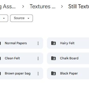 K&ouml;nnte beinhalten: Screenshot eines Dateiverzeichnisses mit Ordnern mit den Bezeichnungen "Notebook Paper", "Normal Papers", "Hairy Felt", "Dirty Fabric", "construction pa...", "Clean Felt", "Chalk Board", "Cellophane Wrap", "Brown Paper Ba...", "Brown paper bag" und "Black Paper".