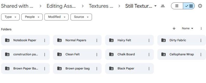 K&ouml;nnte beinhalten: Screenshot eines Dateiverzeichnisses mit Ordnern mit den Bezeichnungen "Notebook Paper", "Normal Papers", "Hairy Felt", "Dirty Fabric", "construction pa...", "Clean Felt", "Chalk Board", "Cellophane Wrap", "Brown Paper Ba...", "Brown paper bag" und "Black Paper".