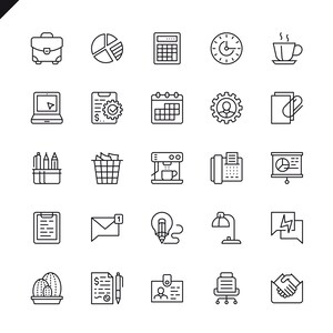 May include: A collection of black and white line art icons representing various office and business-related items. Icons include a briefcase, pie chart, calculator, clock, coffee cup, laptop, calendar, gear, paper, pencils, trash can, coffee machine, fax machine, and presentation.