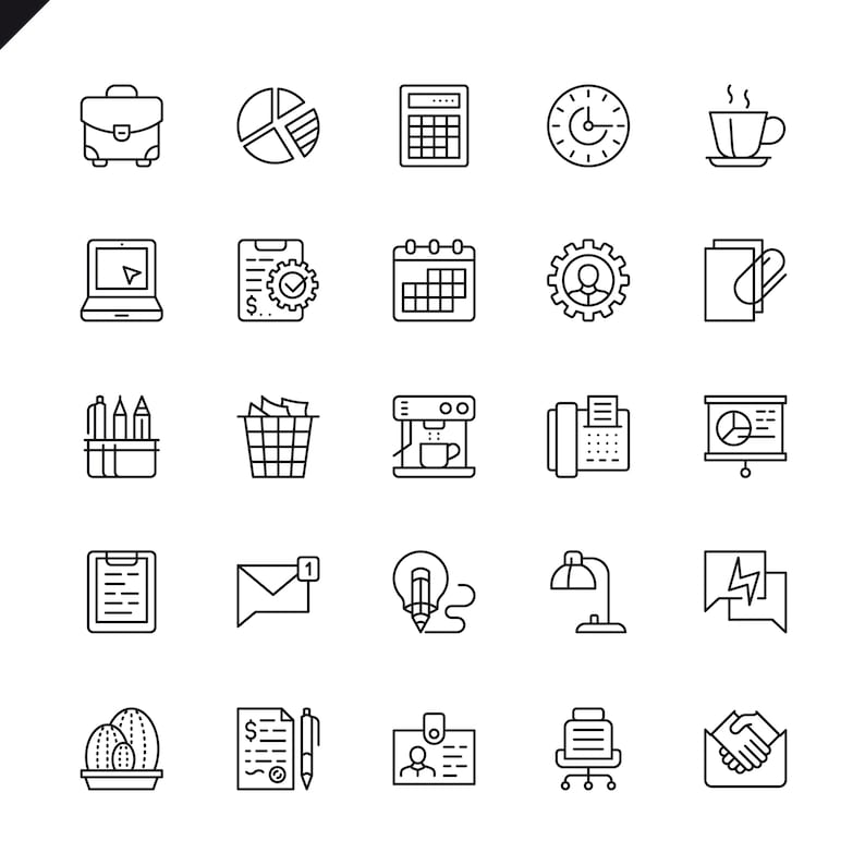 May include: A collection of black and white line art icons representing various office and business-related items. Icons include a briefcase, pie chart, calculator, clock, coffee cup, laptop, calendar, gear, paper, pencils, trash can, coffee machine, fax machine, and presentation.