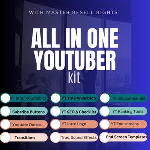 Puede incluir: Gráfico azul oscuro con el texto "ALL IN ONE YOUTUBER KIT" en blanco. Debajo hay varios rectángulos redondeados con texto como "YT Motion Graphics", "Thumbnail Bundle" y "YT SEO & Checklist". Las palabras "WITH MASTER RESELL RIGHTS" están en la parte superior.